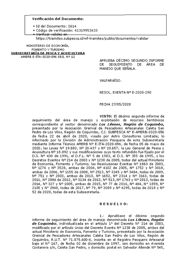 RESOL. EXENTA Nº E-2020-290 12° Seguimiento. (Publicado en Página Web 28-05-2020)