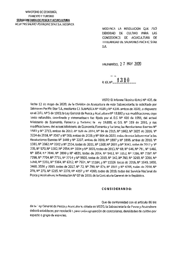 Res. Ex. N° 1310-2020 Modifica 	Res. Ex. N° 569-2019 Fija Densidad de Cultivo para las Concesiones de Acuicultura Salmones Pacific Star S.A.(Con Informe Técnico) (Publicado en Página Web 28-05-2019)