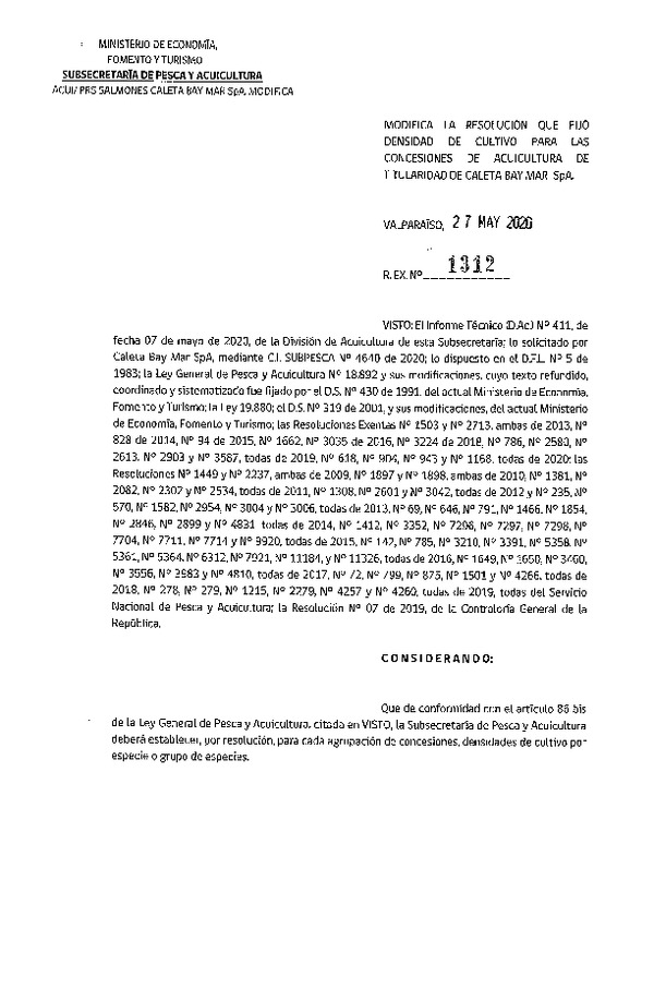 Res. Ex. N° 1312-2020 Modifica Res. Ex. N° 786-2019 Fija Densidad de Cultivo para las Concesiones de Acuicultura de Titularidad de Caleta Bay S.A. (Caleta Bay Mar S.A.) (Con Informe Técnico) (Publicado en Página Web 28-05-2020)