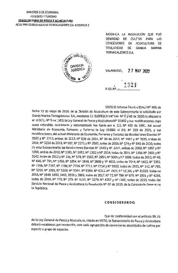 Res. Ex. N° 1321-2020 Modifica Res. Ex. N° 174-2020 Fija Densidad de Cultivo para las Concesiones de Acuicultura de Titularidad Granja Marina Tornagaleones S.A. (Con Informe Técnico) (Publicado en Página Web 28-05-2020)