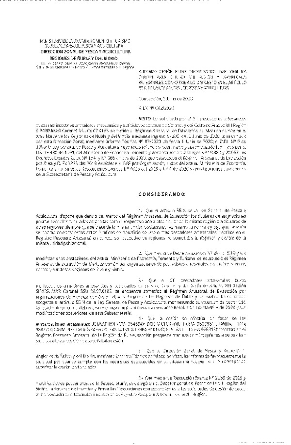 Res Ex N° 0082-2020, (DZP VIII), Autoriza cesión Merluza común Región de Ñuble-Biobío (Publicado en Página Web 02-06-2020)