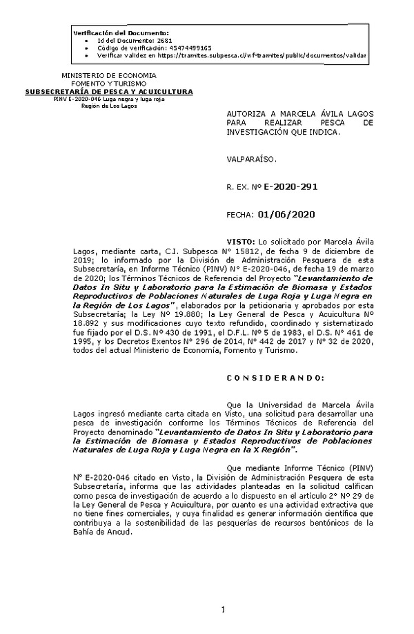 R. EX. Nº E-2020-291 Levantamiento de Datos In Situ y Laboratorio para la Estimación de Biomasa y Estados Reproductivos de Poblaciones Naturales de Luga Roja y Luga Negra en la Región de Los Lagos. (Publicado en Página Web 02-06-2020)