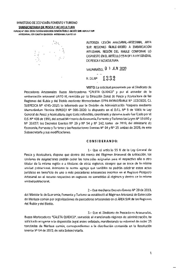 Res. Ex. N° 1332-2020 Autoriza cesión de Anchoveta y Sardina común Región de Ñuble- Biobío a Maule. (Publicado en Página Web 03-06-2020)
