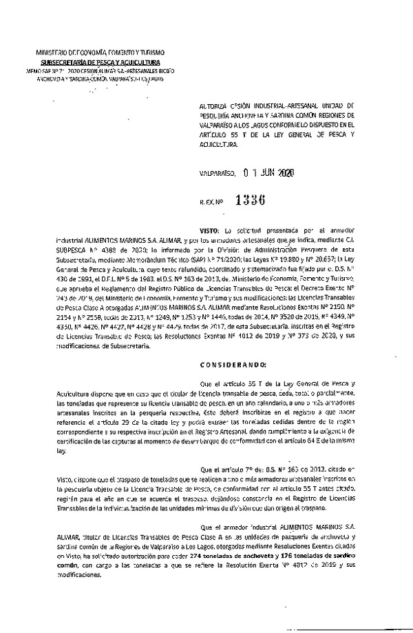 Res. Ex. N° 1336-2020 Autoriza Cesión anchoveta y sardina común Regiones Valparaíso-Los Lagos (Publicado en Página Web 03-06-2020).