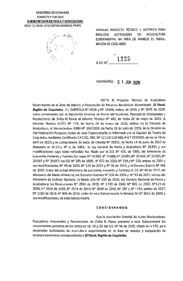 Res. Ex N° 1325-2020 Aprueba proyecto técnico y autoriza para realizar actividades de acuicultura experimental en Área de manejo El Panul, Región de Coquimbo. (Publicado en Página Web 03-06-2020).