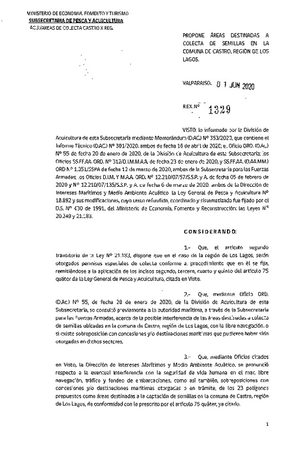 Res, Ex. N° 1329-2020 Propone Áreas Destinadas a Colecta de Semillas en la Comuna de Castro, Región de Los Lagos. (Publicado en Página Web 03-06-2020)