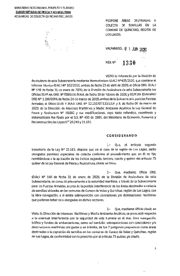 Res, Ex. N° 1330-2020 Propone Áreas Destinadas a Colecta de Semillas en la Comuna de Quinchao, Región de Los Lagos. (Publicado en Página Web 03-06-2020)