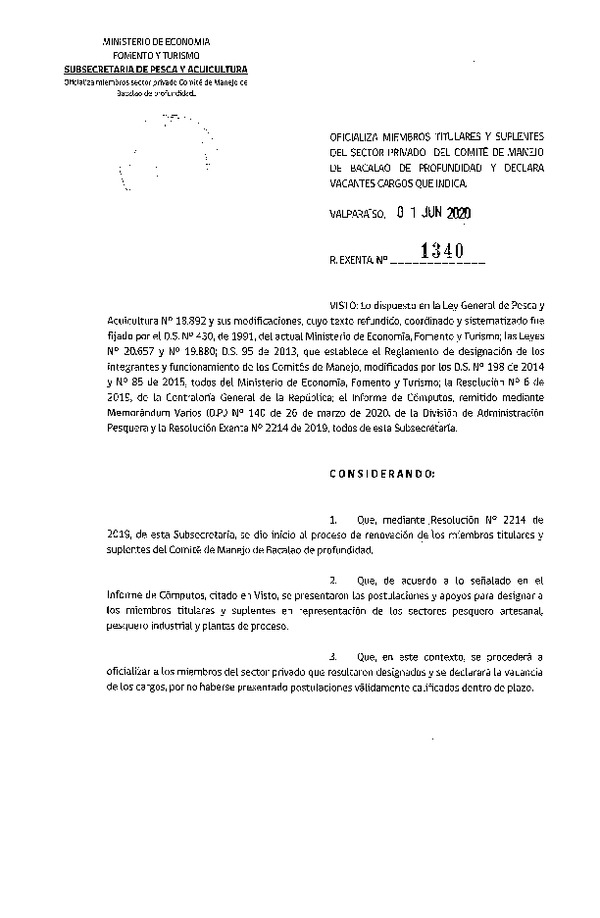 Res. Ex. N° 1340-2020 Oficializa Nominación de Miembros Titulares y Suplentes, Sector Privado, Comité de Manejo de Bacalao de Profundidad. (Publicado en Página Web 03-06-2020)