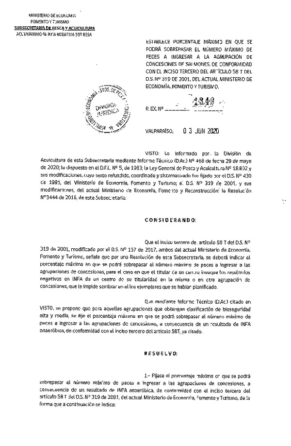 Res. Ex. 1349-2020 Establece Porcentaje Máximo en que se Podrá Sobrepasar el Número Máximo de Peces a Ingresar a la Agrupación de Concesiones de Salmones, de Conformidad con el Inciso Tercero del Artículo 58 T del D.S. N° 319 de 2001, del Actual Ministerio de Economía, Fomento y Turismo. (Publicado en Página Web 04-06-2020) (F.D.O. 13-06-2020)