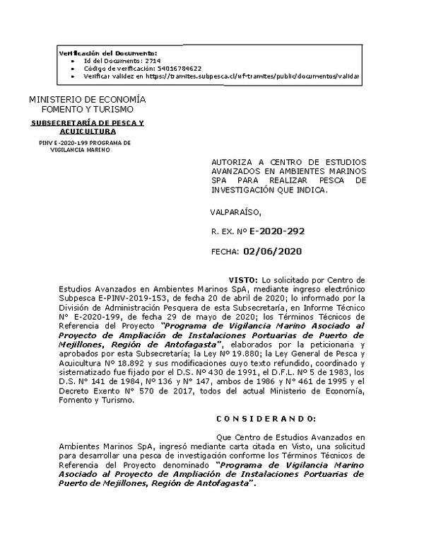 R. EX. Nº E-2020-292 “Programa de Vigilancia Marino Asociado al Proyecto de Ampliación de Instalaciones Portuarias de Puerto de Mejillones, Región de Antofagasta. (Publicado en Página Web 04-06-2020)