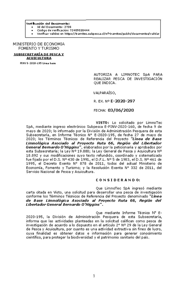 R. EX. Nº E-2020-297 Línea de Base Limnológica Asociado al Proyecto Ruta 66, Región del Libertador General Bernardo O'Higgins. (Publicado en Página Web 04-06-2020)