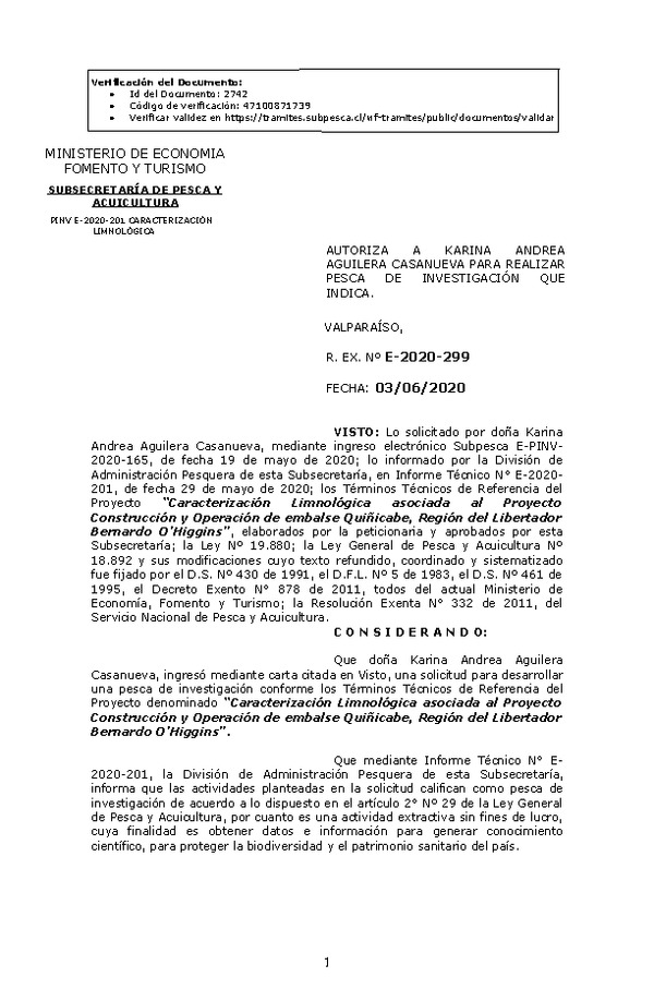 R. EX. Nº E-2020-299 Caracterización Limnológica asociada al Proyecto Construcción y Operación de embalse Quiñicabe, Región del Libertador Bernardo O’Higgins. (Publicado en Página Web 04-06-2020)