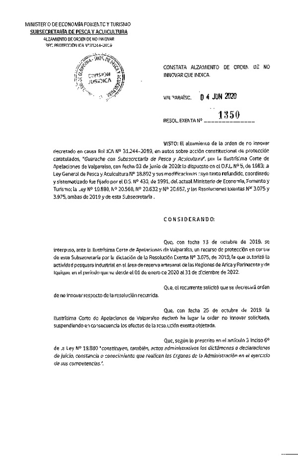 Res. Ex. N° 1350-2020 Constata Alzamiento de Orden de No Innovar que Indica. (Publicado en Página Web 04-06-2020)