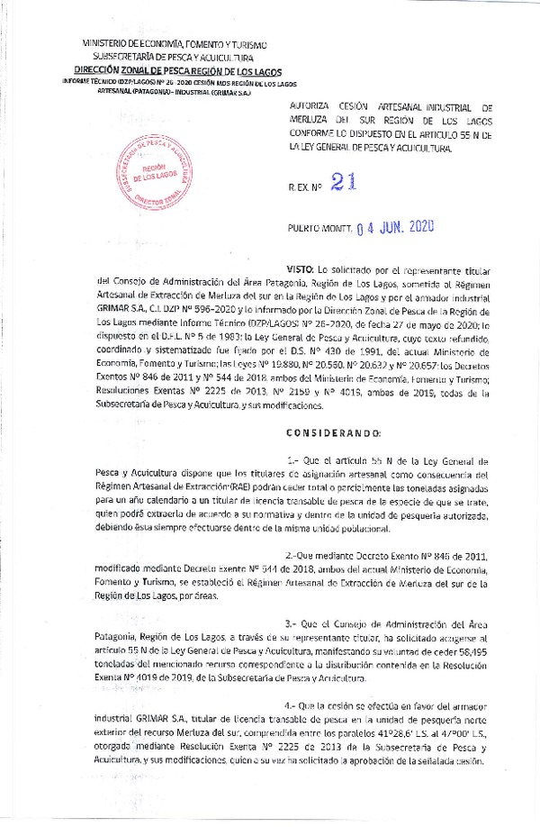 Res. Ex. N° 021-2020 (DZP Región de Los Lagos) Autoriza cesión Merluza del Sur (Publicado en Página Web 04-06-2020).