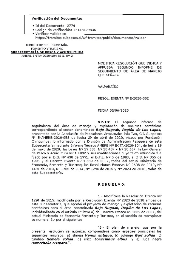 RESOL. EXENTA Nº E-2020-302 Modifica Resolución que Indica. Aprueba 2° Seguimiento. (Publicado en Página Web 08-06-2020)