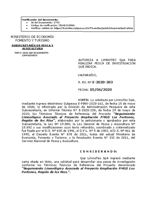 R. EX. Nº E-2020-303 Seguimiento Limnológico Asociado al Proyecto Ampliación PMGD Los Portones, Región de los Ríos. (Publicado en Página Web 08-06-2020)