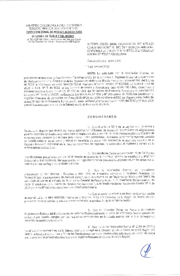 Res Ex N° 0085-2020, (DZP VIII), Autoriza cesión Merluza común Región de Ñuble-Biobío (Publicado en Página Web 08-06-2020)