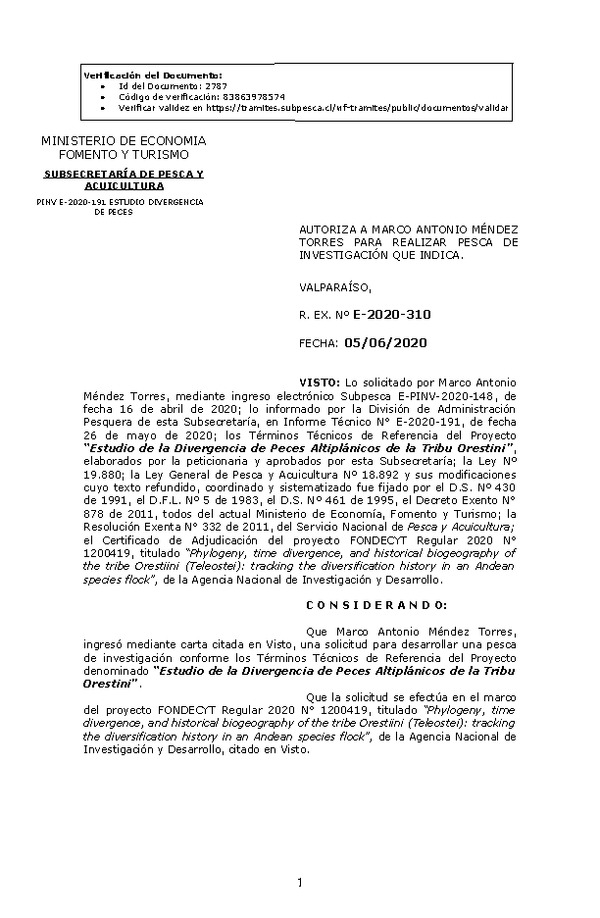 R. EX. Nº E-2020-310 Estudio de la Divergencia de Peces Altiplánicos de la Tribu Orestini. (Publicado en Página Web 09-06-2020)