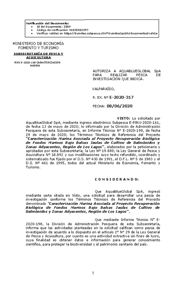 R. EX. Nº E-2020-317 Caracterización Marina Asociada al Proyecto Recuperación Biológica de Fondos Marinos Bajo Balsas Jaulas de Cultivo de Salmónidos y Zonas Adyacentes, Región de Los Lagos. (Publicado en Página Web 09-06-2020)