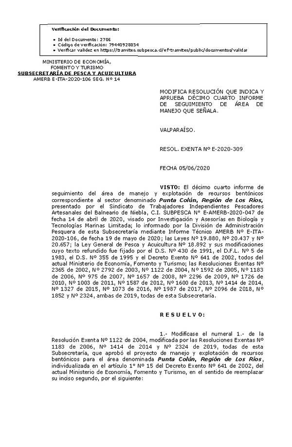 RESOL. EXENTA Nº E-2020-309 Modifica Resolución que Indica. Aprueba 14° Seguimiento. (Publicado en Página Web 09-06-2020)