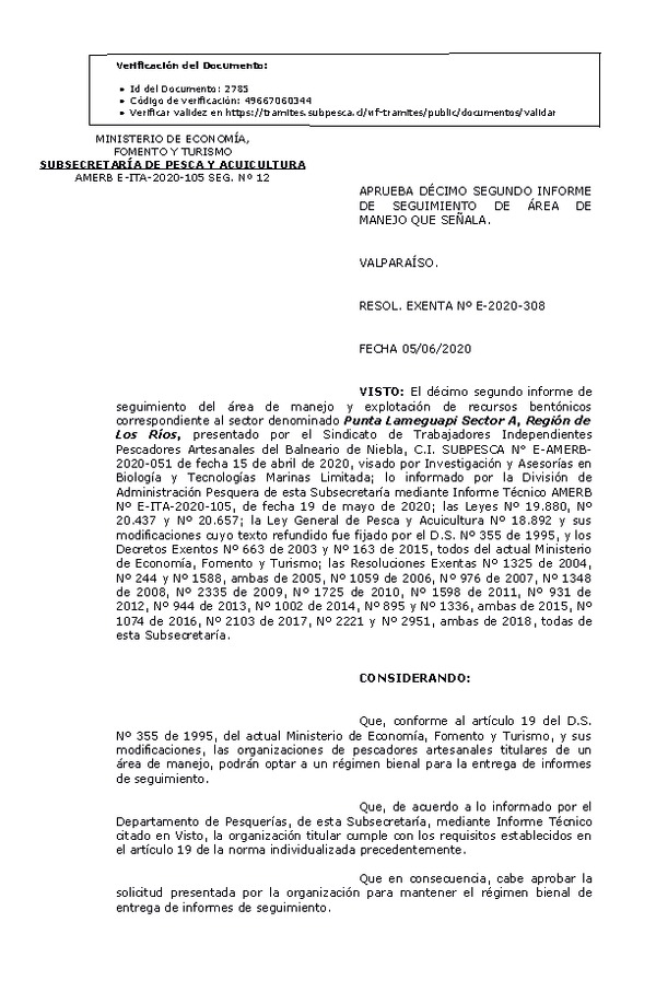 RESOL. EXENTA Nº E-2020-308 12° Seguimiento. (Publicado en Página Web 09-06-2020)