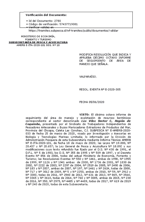 RESOL. EXENTA Nº E-2020-305 Modifica Resolución que Indica. Aprueba 8° Seguimiento. (Publicado en Página Web 09-06-2020)