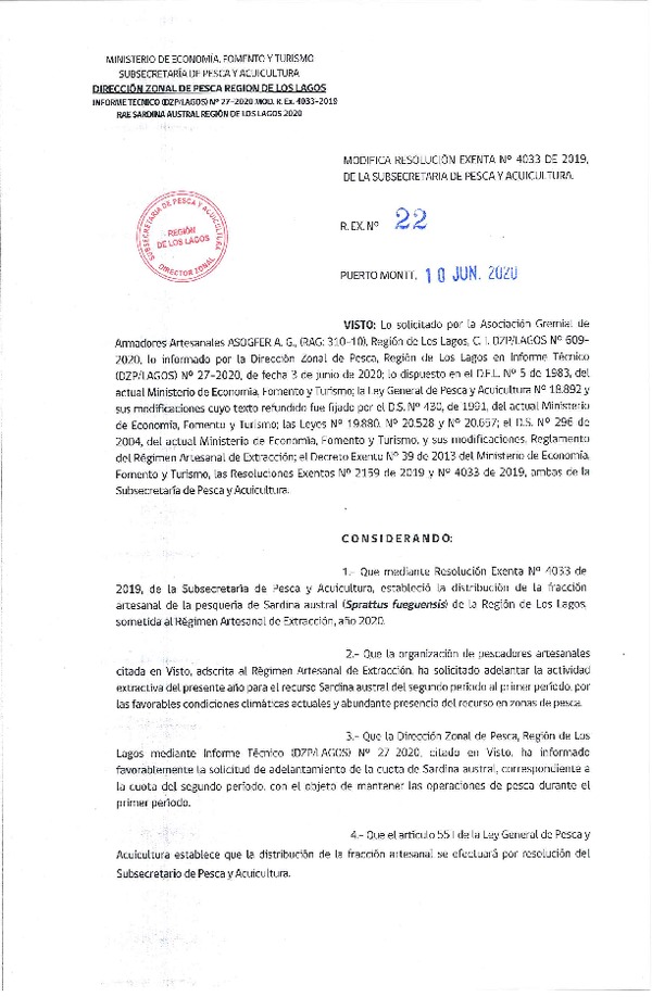 Res. Ex. N° 22-2020 (DZP Los Lagos) Modifica Res. Ex. N° 4033-2019, Distribución de la Fracción Artesanal de Pesquería de Sardina Austral, Región de Los Lagos, Año 2020. (Publicado en Página Web 10-06-2020).