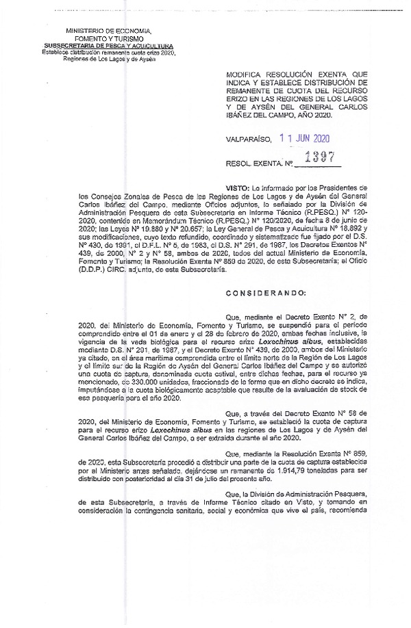 Res. Ex. N° 1397-2020 Modifica Res. Ex. N° 859-2020 y Establece Distribución de Remanente de Cuota del Recurso Erizo, en las Regiones de Los Lagos y de Aysén del General Carlos Ibañez del Campo, Año 2020. (Publicado en Página Web 11-06-2020)