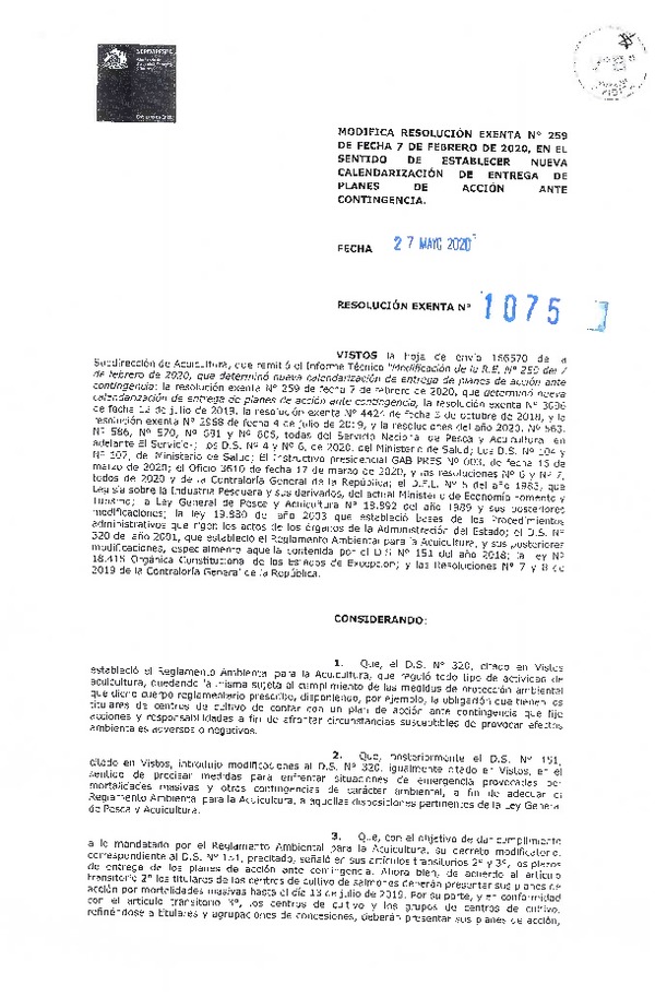 Res. Ex. N° 1075-2020 (Sernapesca) modifica Res. Ex. N° 259-2020 de fecha 7 de febrero de 2020, en el sentido de establecer nueva calendarización de entrega de planes de acción ante contingecia. (Publicado en Página Web 15-06-2020) (F.D.O. 12-06-2020)