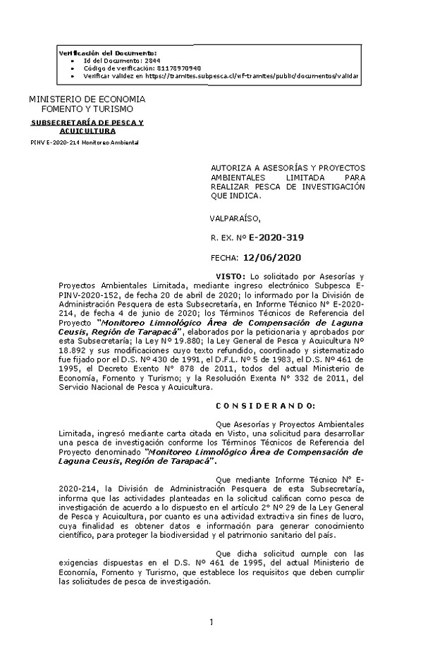 R. EX. Nº E-2020-319 Monitoreo Limnológico Área de Compensación de Laguna Ceusis, Región de Tarapacá. (Publicado en Página Web 16-06-2020)