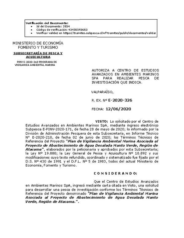 R. EX. Nº E-2020-326 Plan de Vigilancia Ambiental Marina Asociada al Proyecto de Abastecimiento de Agua Desalada Manto Verde, Región de Atacama. (Publicado en Página Web 16-06-2020)