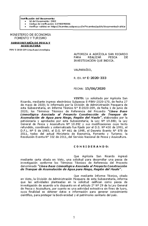 R. EX. Nº E-2020-333 Línea Base Limnológica Asociada al Proyecto Construcción de Tranque de Acumulación de Agua para Riego, Región del Maule. (Publicado en Página Web 16-06-2020)