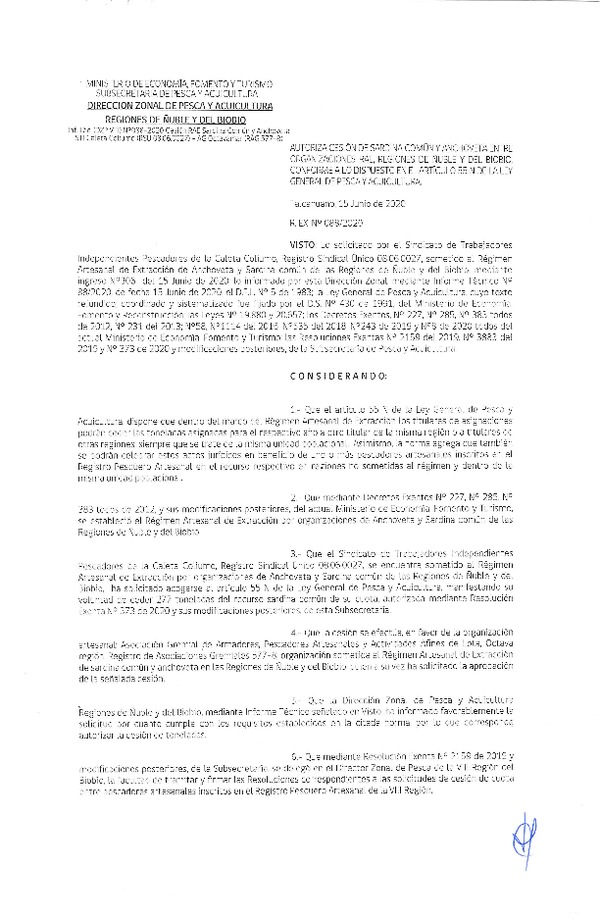 Res Ex N° 0088-2020, (DZP VIII), Autoriza cesión Sardina Común y Anchoveta Región de Ñuble-Biobío (Publicado en Página Web 16-06-2020)
