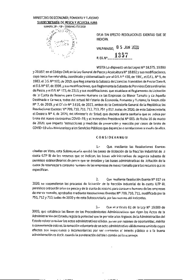 Res. Ex. N° 1357-2020 Deja sin efecto Resoluciones Exentas que se Indican. (F.D.O. 09-06-2020)