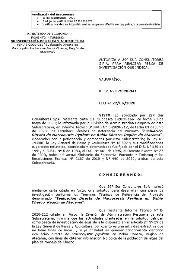 R. EX. Nº E-2020-341 Evaluación Directa de Macrocystis Pyrifera en Bahía Chasco, Región de Atacama. (Publicado en Página Web 22-06-2020)