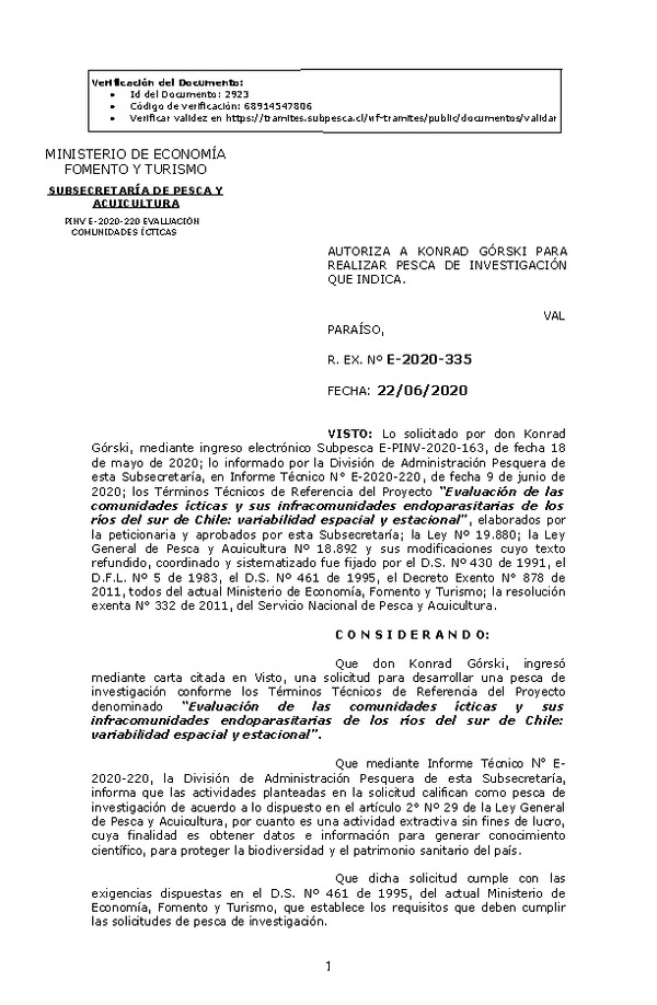 R. EX. Nº E-2020-335 Evaluación de las comunidades ícticas y sus infracomunidades endoparasitarias de los ríos del sur de Chile: variabilidad espacial y estacional.  (Publicado en Página Web 23-06-2020)