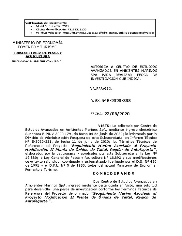 R. EX. Nº E-2020-338 Seguimiento Marino Asociado al Proyecto Modificación II Planta de Óxidos de Taltal, Región de Antofagasta.  (Publicado en Página Web 23-06-2020)