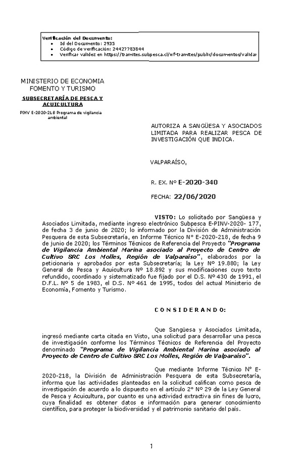 R. EX. Nº E-2020-340 Programa de Vigilancia Ambiental Marina asociado al Proyecto de Centro de Cultivo SRC Los Molles, Región de Valparaíso.  (Publicado en Página Web 23-06-2020)