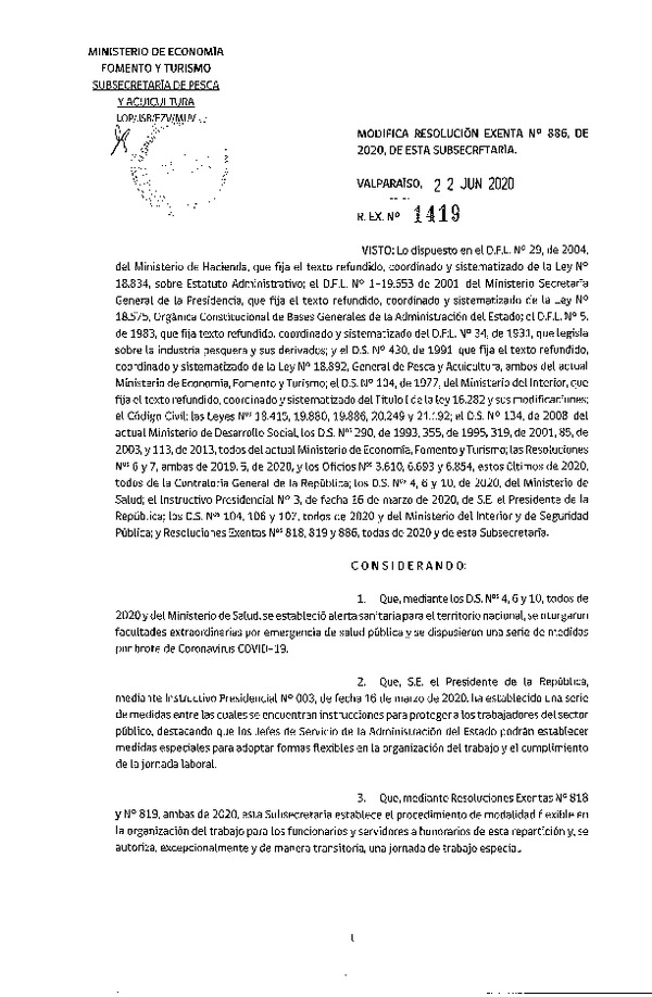 Res. Ex. N° 1429-2020 Modifica Res. Ex. N° 886-2020 Dispone Suspensión de Plazos, Procedimientos y Otras Medidas por Causa de Fuerza Mayor Derivada de la Pandemia del Coronavirus Covid-19. (Publicado en Página Web 26-06-2020) (F.D.O. 26-06-2020)