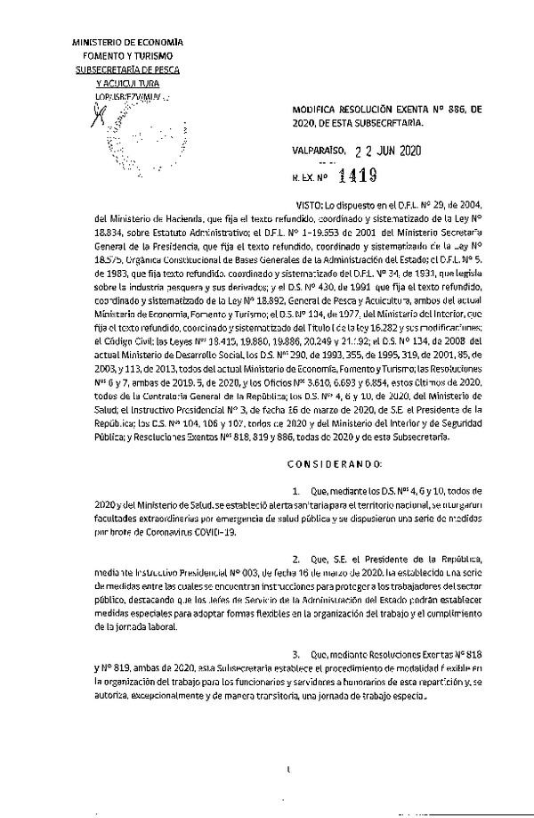 Res. Ex. N° 1429-2020 Modifica Res. Ex. N° 886-2020 Dispone Suspensión de Plazos, Procedimientos y Otras Medidas por Causa de Fuerza Mayor Derivada de la Pandemia del Coronavirus Covid-19. (Publicado en Página Web 26-06-2020) (F.D.O. 26-06-2020)