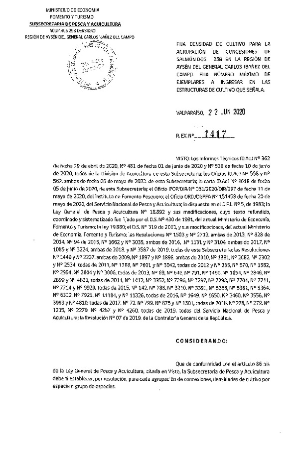 Res. Ex. N° 1417-2020 Fija densidad de Cultivo para la Agrupación de concesiones de Salmónidos 25 B, en la Región de Aysén del General Carlos Ibáñez del Campo. (Publicado en Página Web 26-06-2020) (F.D.O. 26-06-2020)