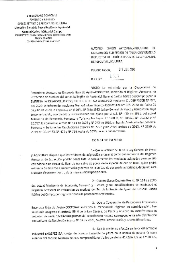 Res. Ex. N° 023-2020 (DZP Región de Aysén) Autoriza cesión Merluza del Sur (Publicado en Página Web 02-07-2020).