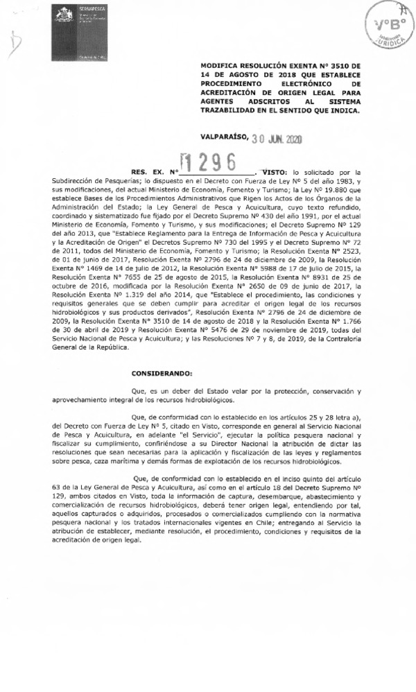 Res. Ex. N° 1296-2020 (Sernapesca) Modifica Res. Ex. N° 3510-2018 que Establece Procedimiento Electrónico de Acreditación de Origen Legal Para Agentes Adscritos al Sistema Trazabilidad en el Sentido que Indica. (Publicado en Página Web 02-07-2020)