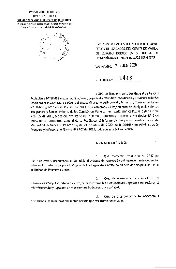 Res. Ex. N° 1448-2020 Oficializa Miembros del Sector Artesanal de la Región de Los Lagos del Comité de Manejo Congrio Dorado. (Publicado en Página Web 02-07-2020)