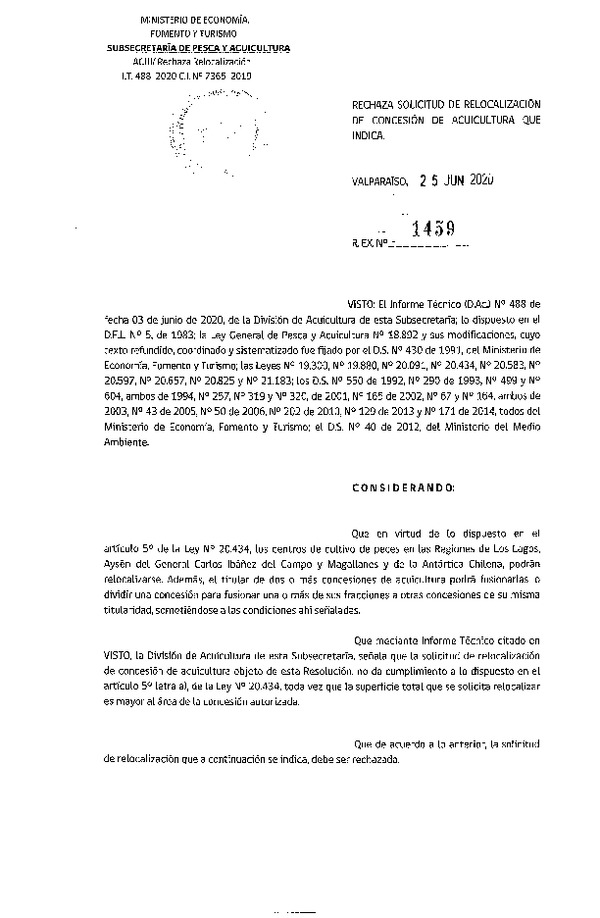 Res. Ex. N° 1459-2020 Rechaza solicitudes de relocalización de concesión acuicultura que indica.