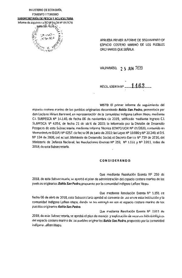Res. Ex. N° 1463-2020 Aprueba primer informe de seguimiento ECMPO, Bahía San Pedro. (Publicado en Página Web 02-07-2020)