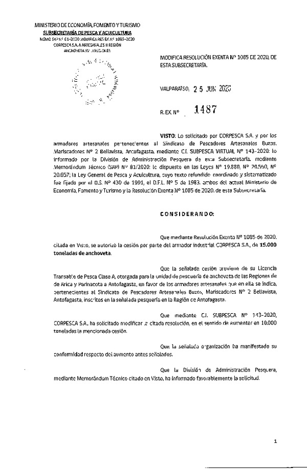 Res. Ex. N° 1487-2020 Modifica 	Res. Ex. N° 1085-2020 Autoriza cesión pesquería Anchoveta, Regiones de Arica y Parinacota a Antofagasta. (Publicado en Página Web 02-07-2020)