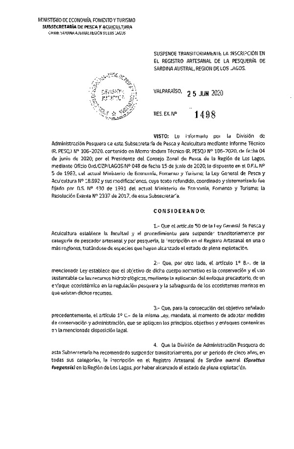 Res. Ex. N° 1498-2017 Suspende Transitoriamente la Inscripción en el Registro Artesanal de la Pesquería de Sardina Austral Región de Los Lagos. (Publicado en Página Web 02-07-2020)