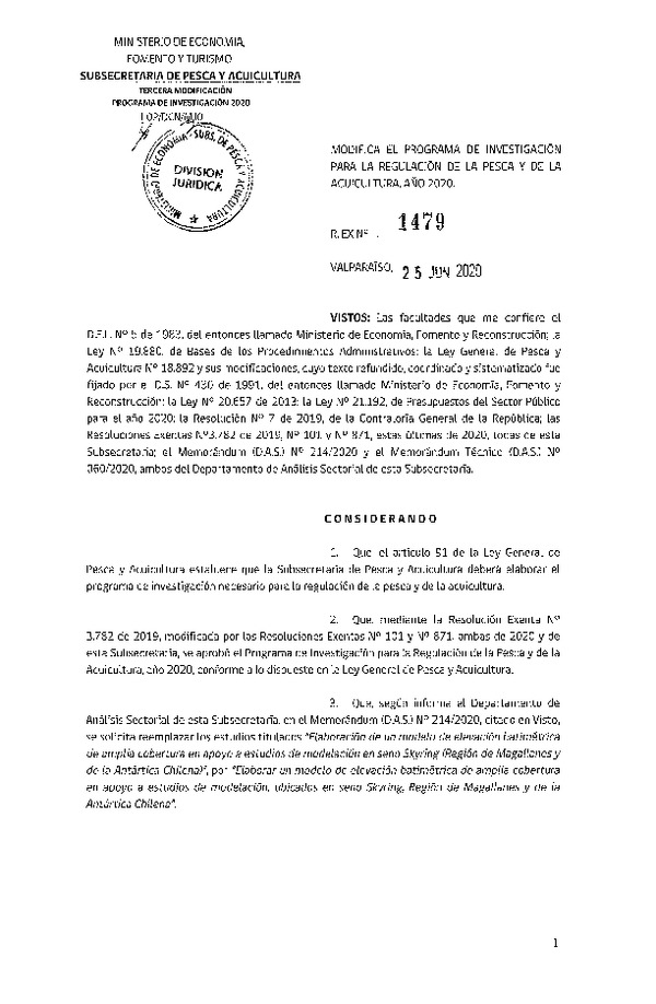 Res. Ex. N° 1479-2020 Modifica Res. Ex. N° 3782-2019 Aprueba Programa de Investigación para la Regulación de la Pesca y de la Acuicultura, Año 2020. (Publicado en Página Web 03-07-2020)