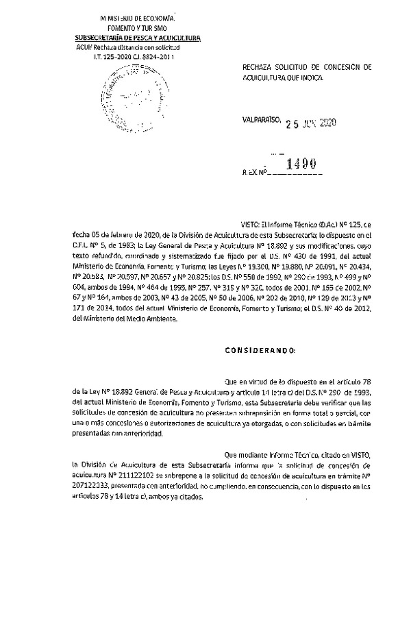 Res. Ex. N° 1490-2020 Rechaza solicitud de concesión de acuicultura que indica.